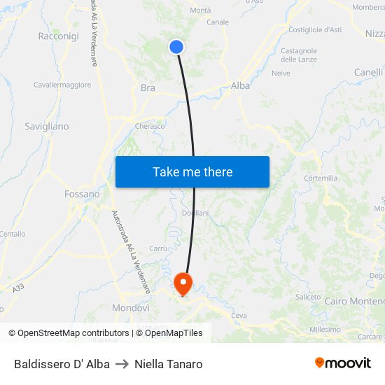 Baldissero D' Alba to Niella Tanaro map