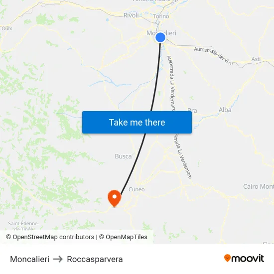 Moncalieri to Roccasparvera map