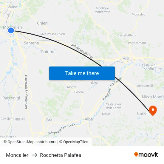 Moncalieri to Rocchetta Palafea map