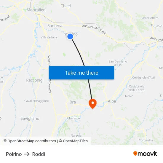 Poirino to Roddi map