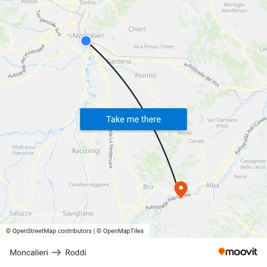 Moncalieri to Roddi map
