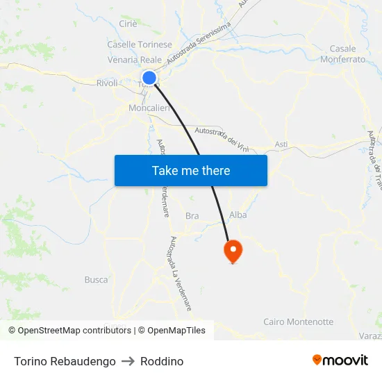 Turin Rebaudengo to Roddino map