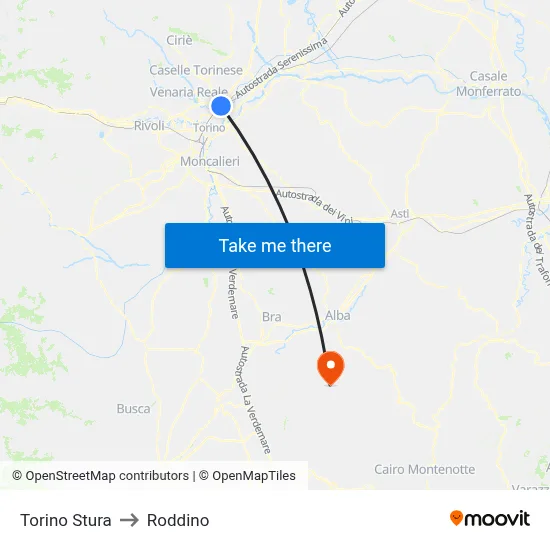 Turin Stura to Roddino map