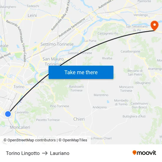 Turin Lingotto to Lauriano map
