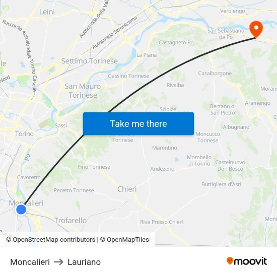 Moncalieri to Lauriano map