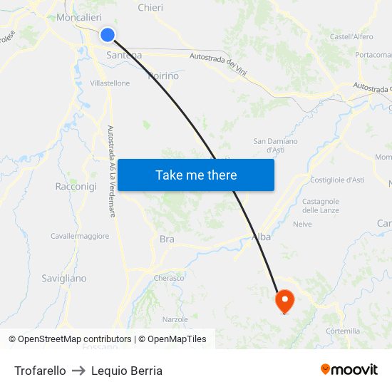 Trofarello to Lequio Berria map