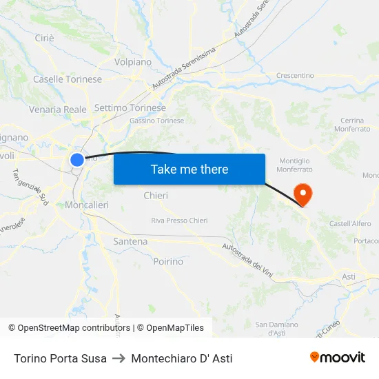Turin Porta Susa to Montechiaro d'Asti map