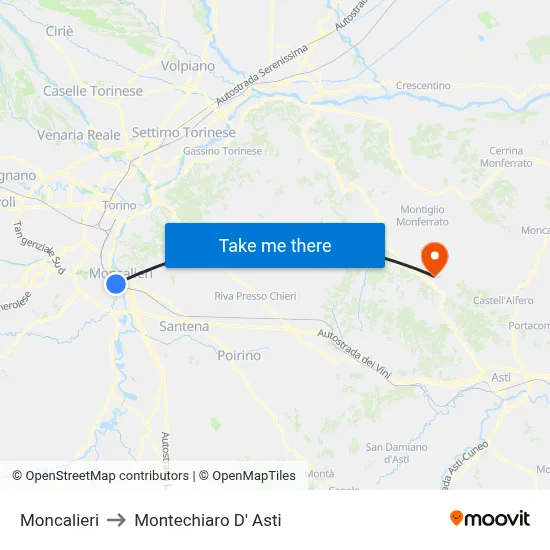Moncalieri to Montechiaro d'Asti map