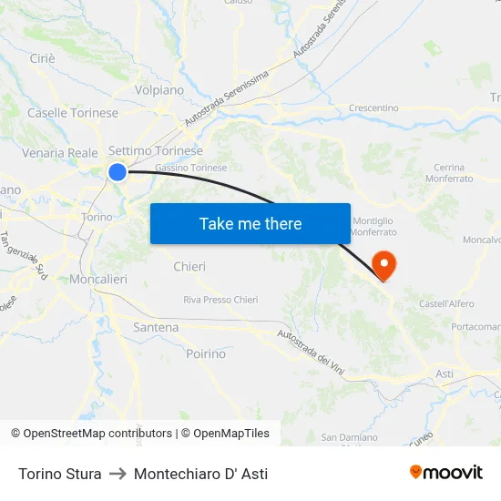 Turin Stura to Montechiaro d'Asti map