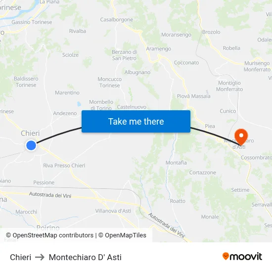 Chieri to Montechiaro d'Asti map