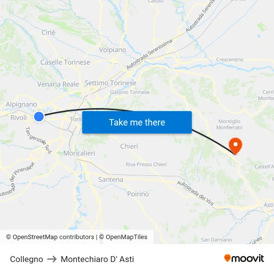 Collegno to Montechiaro d'Asti map