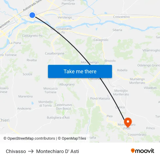 Chivasso to Montechiaro d'Asti map