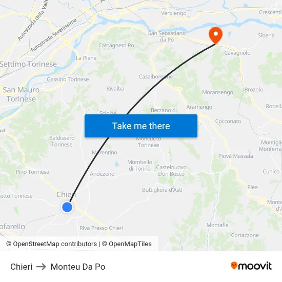 Chieri to Monteu Da Po map
