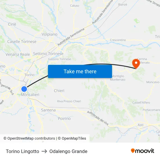 Turin Lingotto to Odalengo Grande map