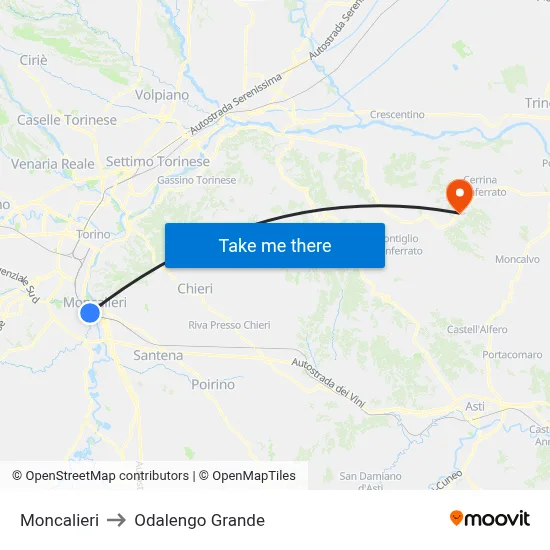 Moncalieri to Odalengo Grande map