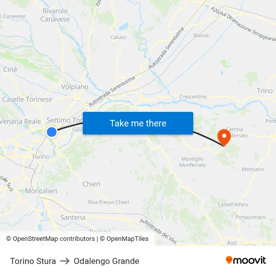 Turin Stura to Odalengo Grande map