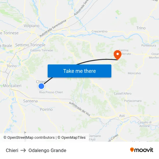 Chieri to Odalengo Grande map
