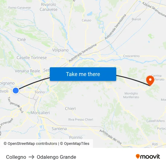 Collegno to Odalengo Grande map