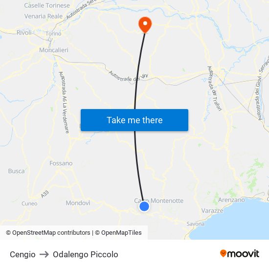 Cengio to Odalengo Piccolo map