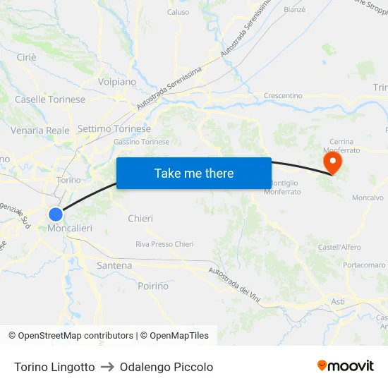 Turin Lingotto to Odalengo Piccolo map