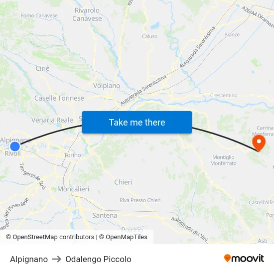 Alpignano to Odalengo Piccolo map
