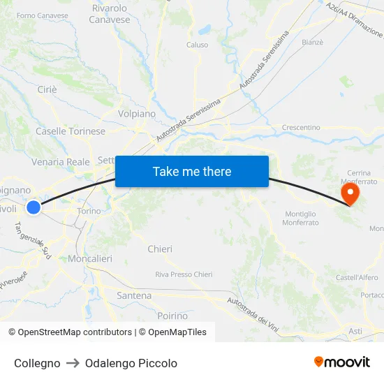 Collegno to Odalengo Piccolo map