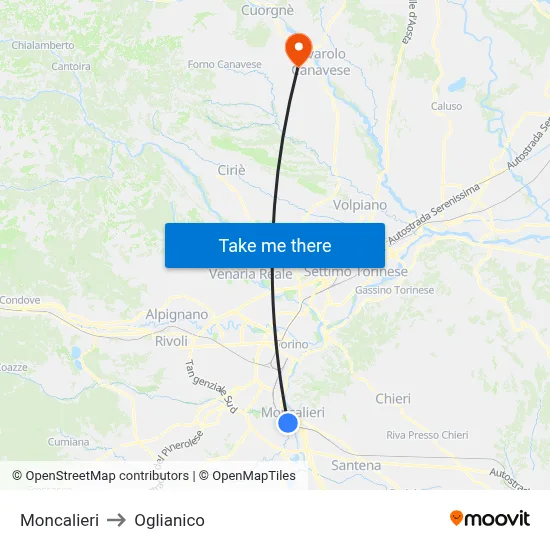 Moncalieri to Oglianico map