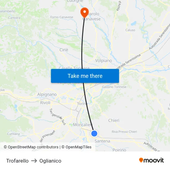 Trofarello to Oglianico map