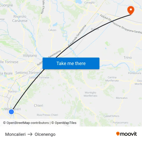 Moncalieri to Olcenengo map