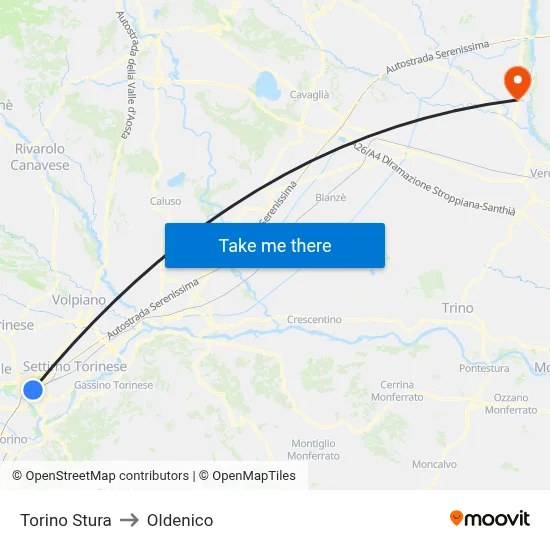 Turin Stura to Oldenico map