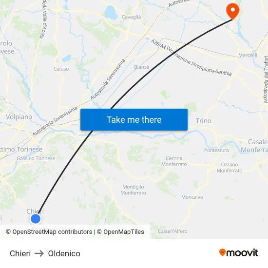 Chieri to Oldenico map
