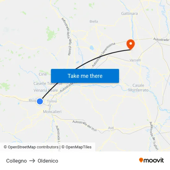 Collegno to Oldenico map