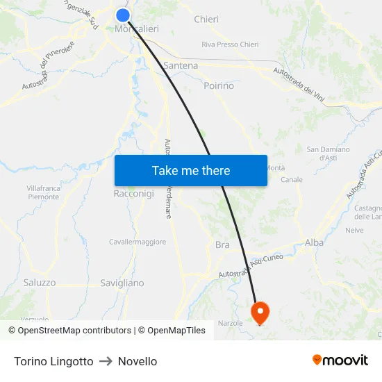 Turin Lingotto to Novello map