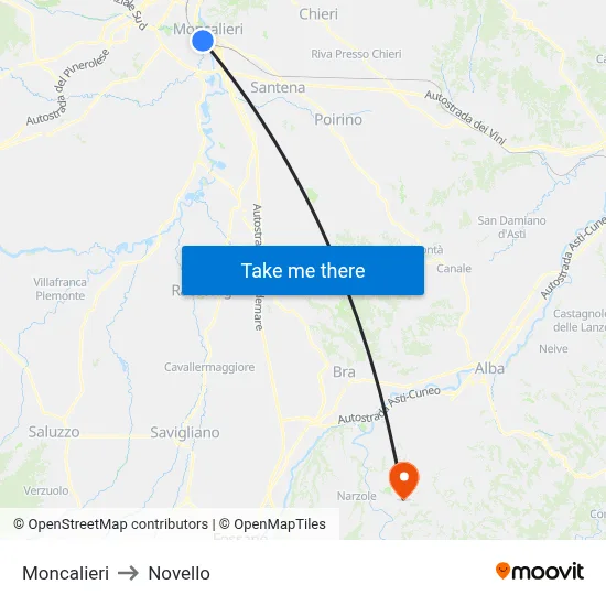 Moncalieri to Novello map