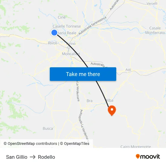 San Gillio to Rodello map