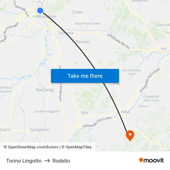Turin Lingotto to Rodello map