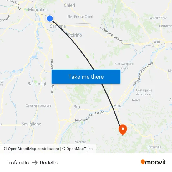 Trofarello to Rodello map