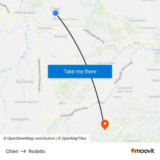 Chieri to Rodello map