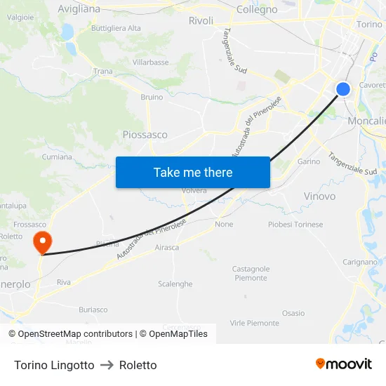 Turin Lingotto to Roletto map