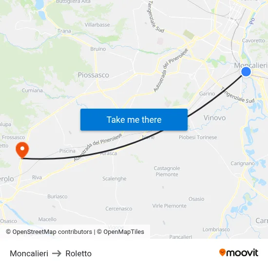 Moncalieri to Roletto map