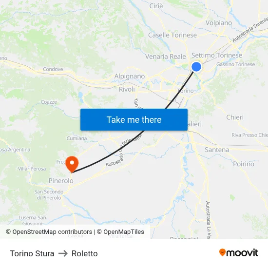 Turin Stura to Roletto map