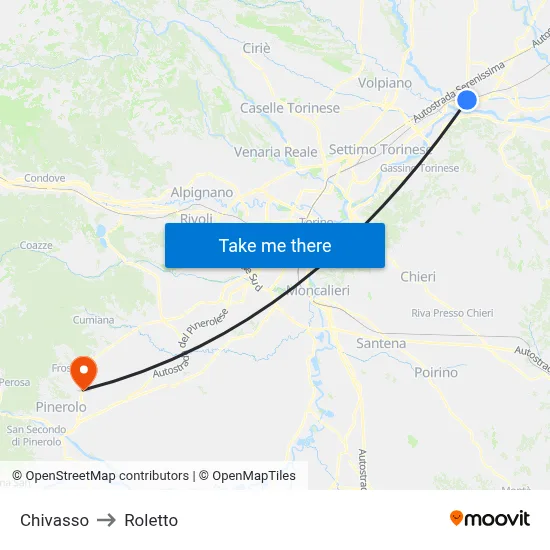 Chivasso to Roletto map