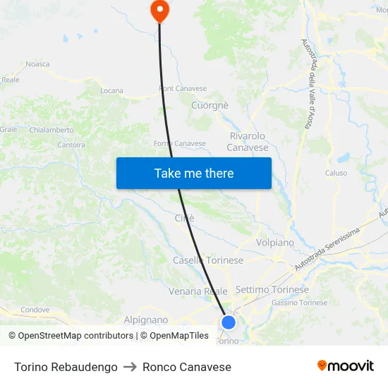 Turin Rebaudengo to Ronco Canavese map