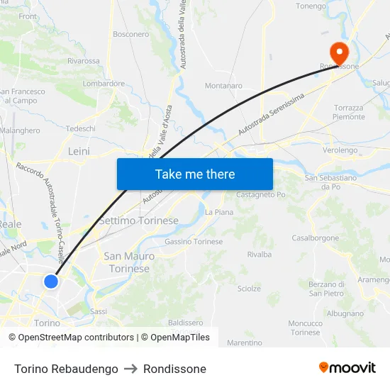 Turin Rebaudengo to Rondissone map