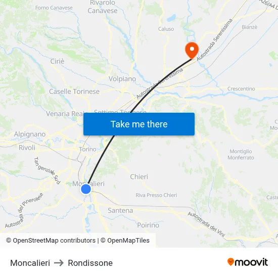 Moncalieri to Rondissone map