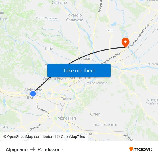 Alpignano to Rondissone map