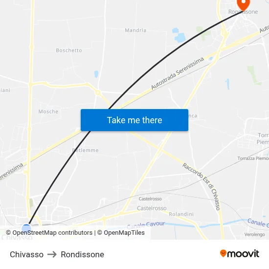 Chivasso to Rondissone map