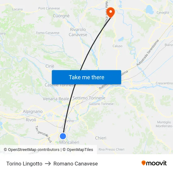 Turin Lingotto to Romano Canavese map