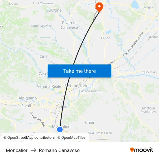 Moncalieri to Romano Canavese map
