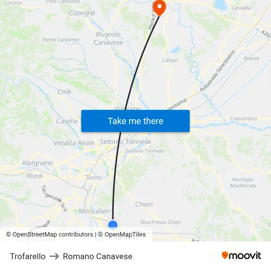 Trofarello to Romano Canavese map